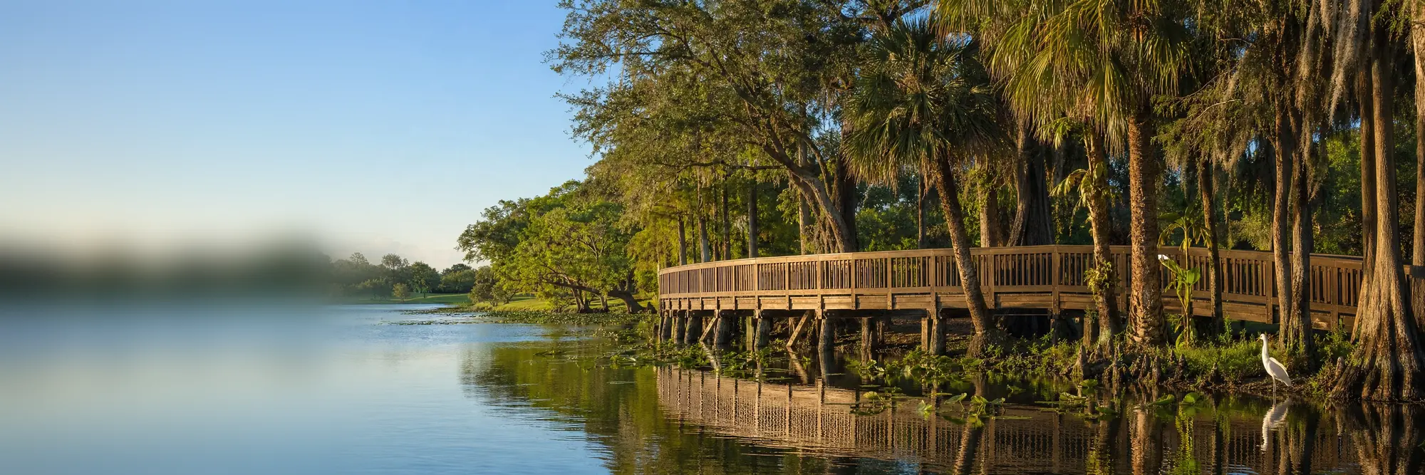 A boardwalk across a park lake in the late-afternoon sun.