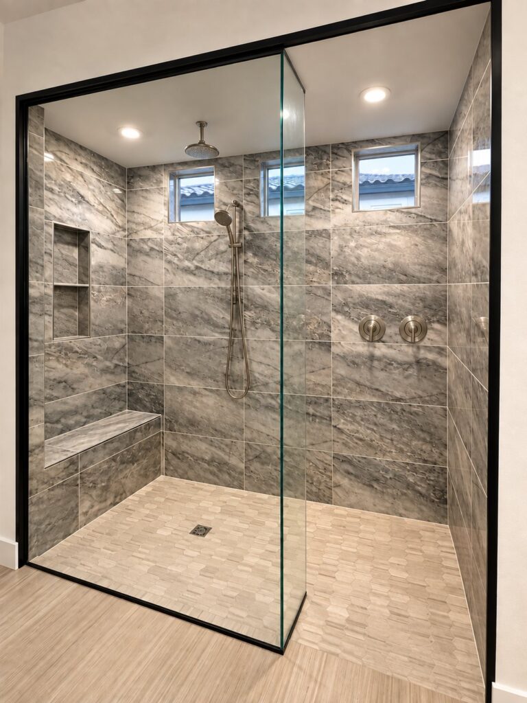 After: Gray Stone-Look Shower