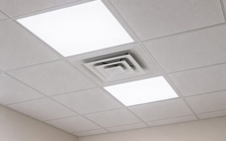 Drop ceiling with light panels and an air diffuser