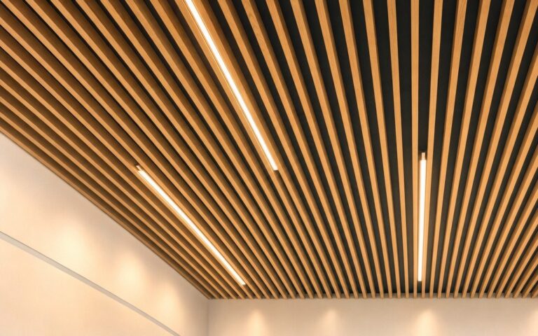 Wood slat ceiling with linear LED lights