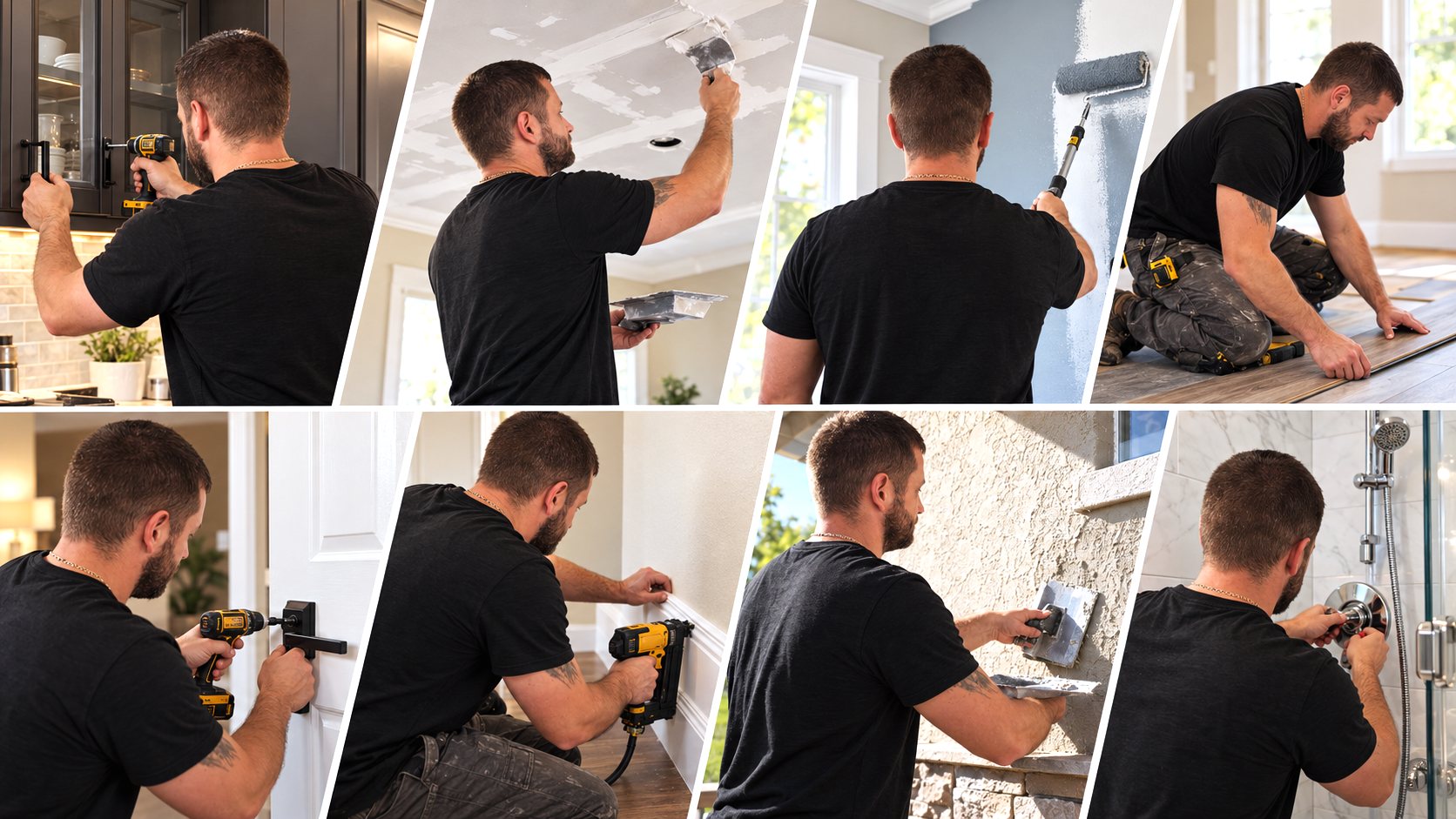 KOZAK handyman at work: cabinet hardware, ceiling patch, painting, flooring, door hardware, trim and shower fixtures