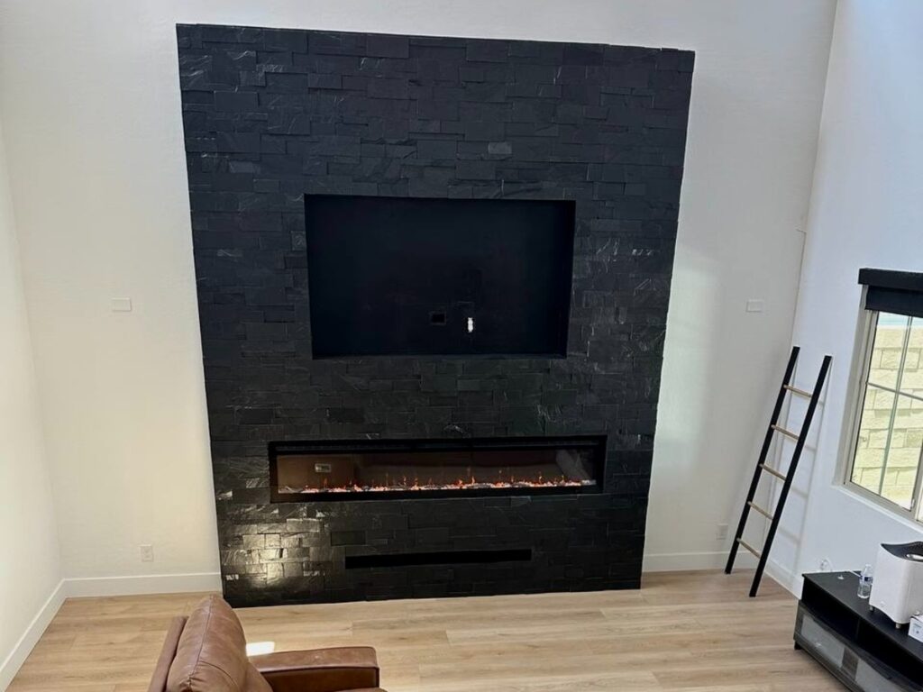 After: Stacked Stone Fireplace Wall