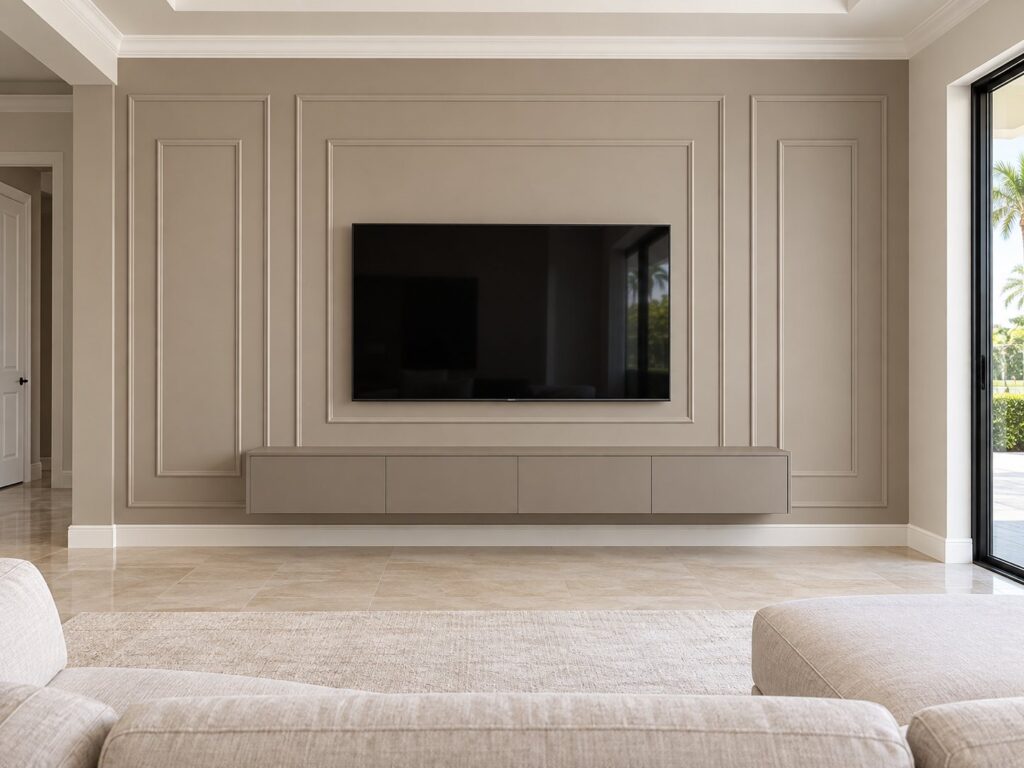 Living room wall with picture-frame moldings and a floating TV console