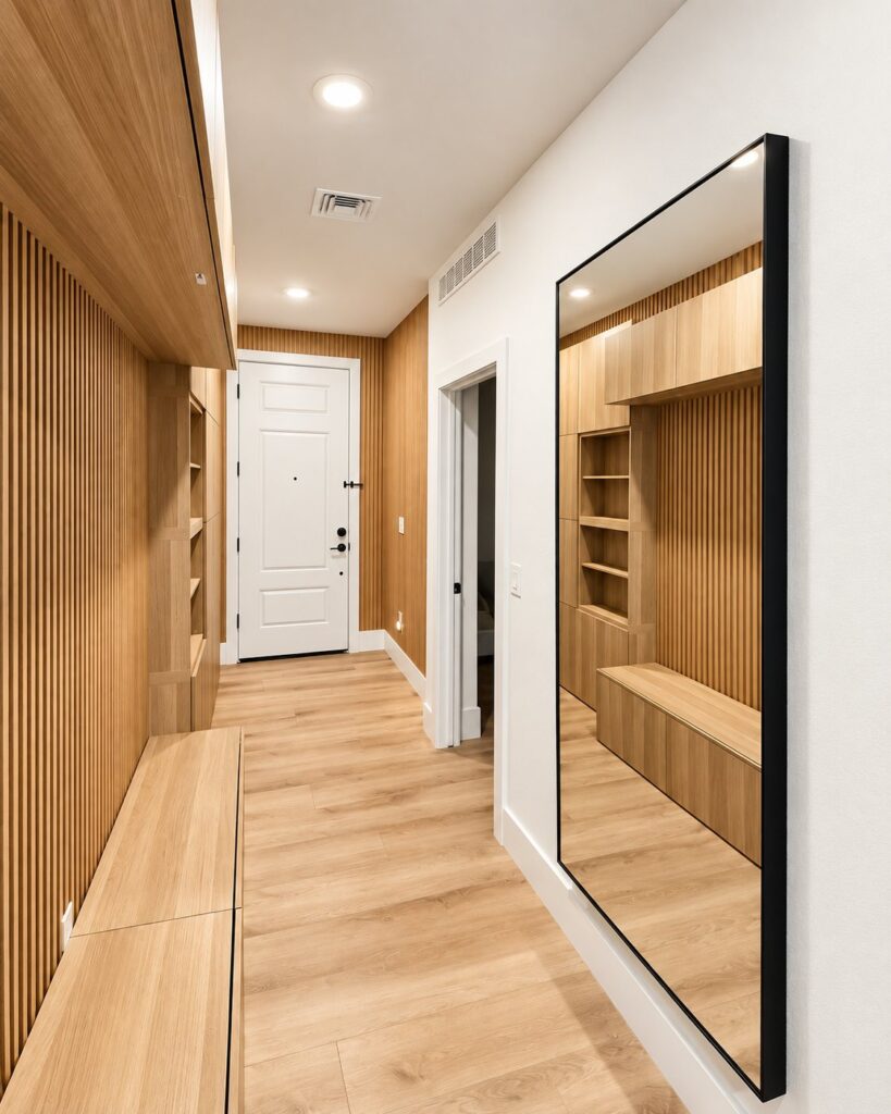 Entry hall with a wood slat wall, bench and mirror