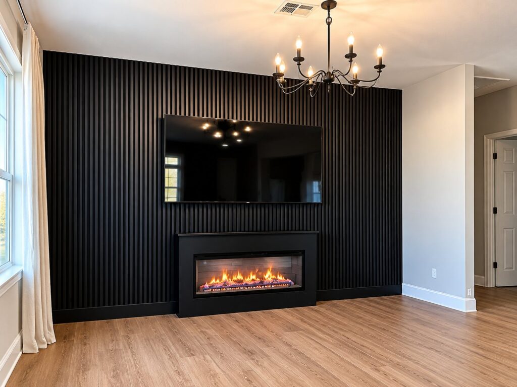 Black slat accent wall with a fireplace and TV