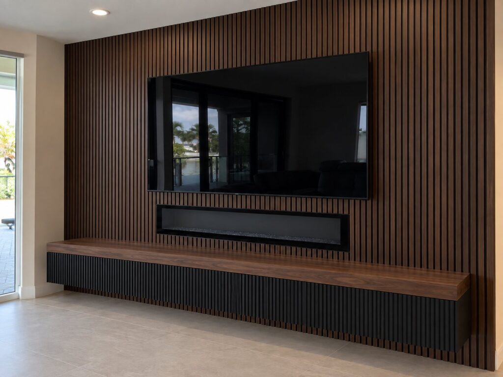Walnut slat TV wall with a linear fireplace and floating console