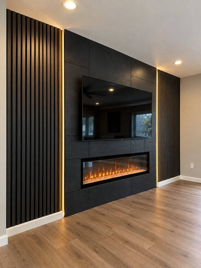 Black fireplace wall with lit slat panels