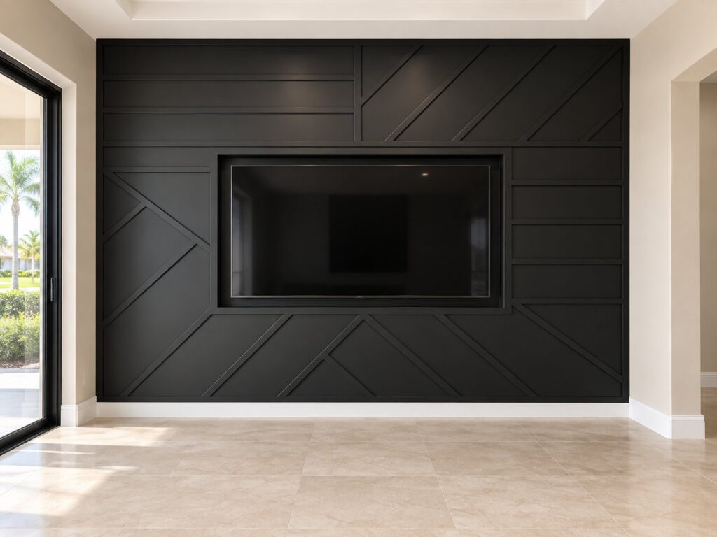 Black geometric accent wall with a recessed TV