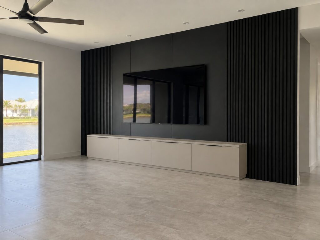 Black slat and panel TV wall with a floating console