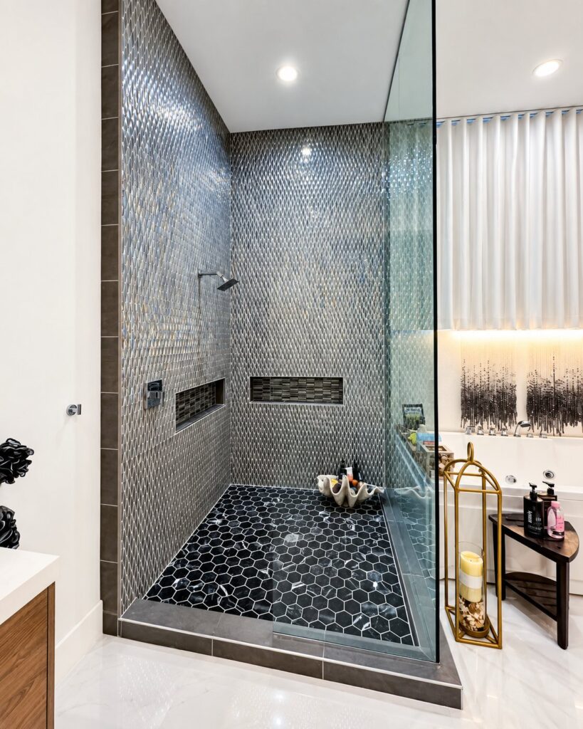 Walk-in shower with charcoal mosaic walls, a black hexagon floor and a glass panel