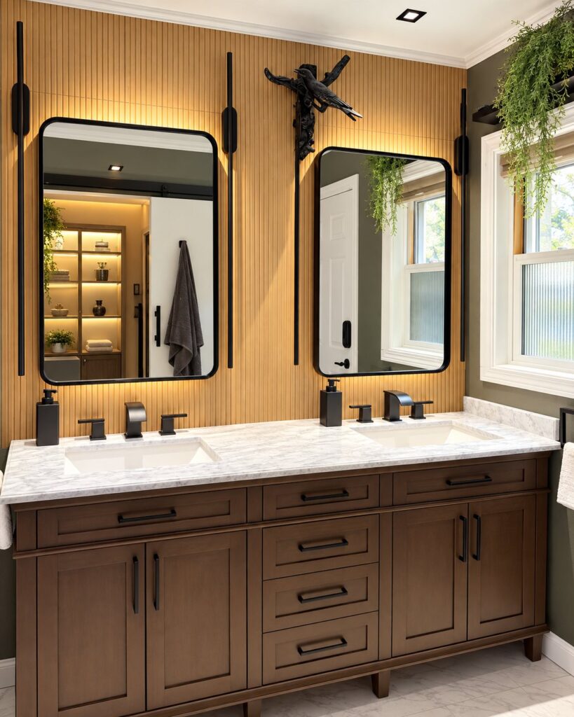 Double vanity on a wood slat wall with backlit black mirrors