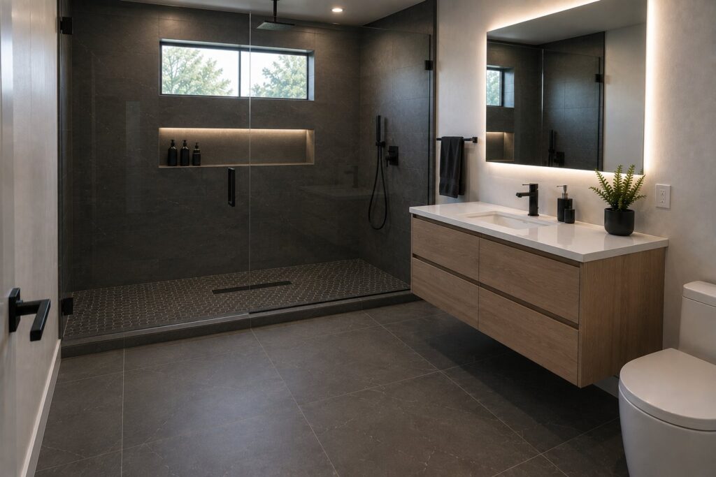 Dark tile walk-in shower with a lit niche, floating wood vanity and backlit mirror