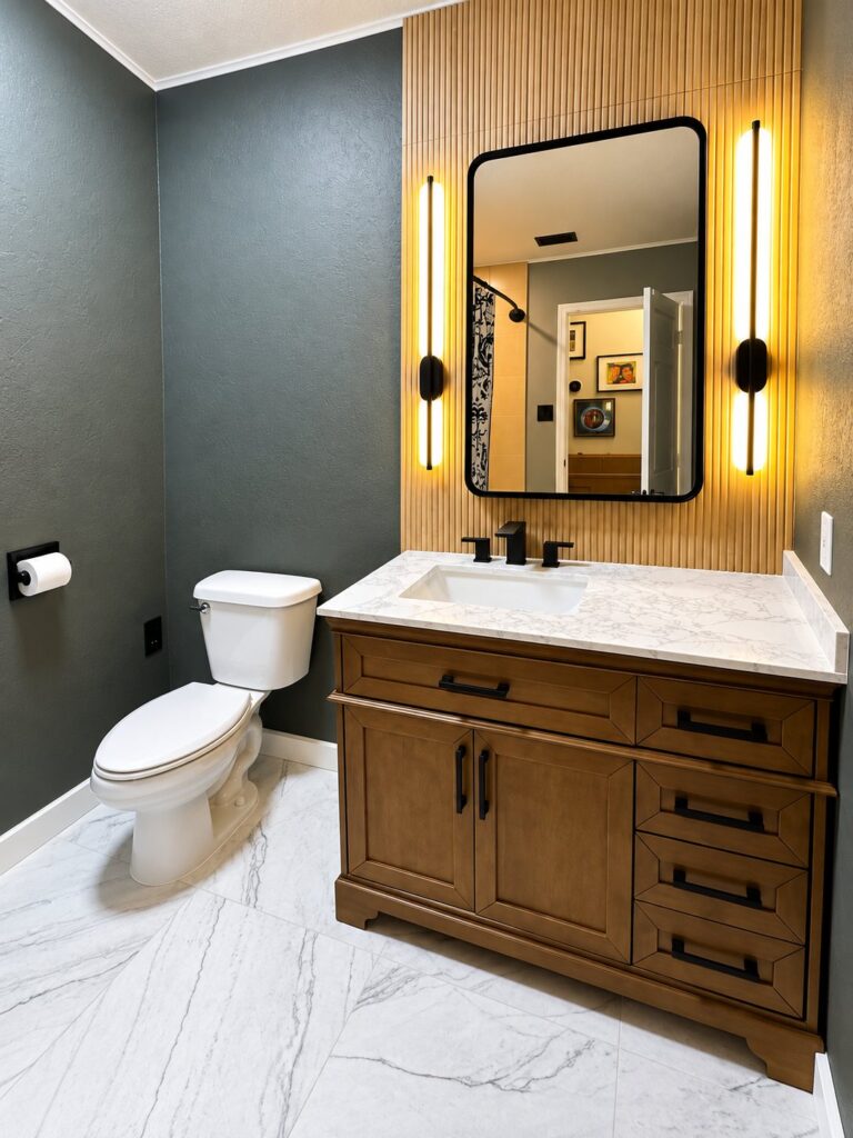Powder room with a wood slat wall, wood vanity and backlit mirror