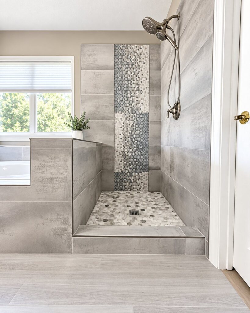 Walk-in shower with a pebble mosaic stripe in gray tile