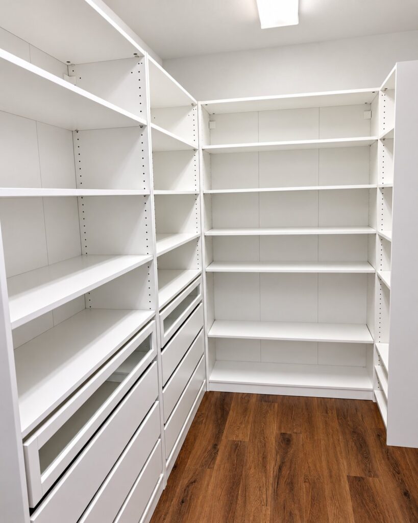 White walk-in pantry with adjustable shelves and drawers