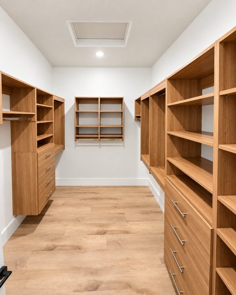 Walk-in closet with natural wood shelving and drawers
