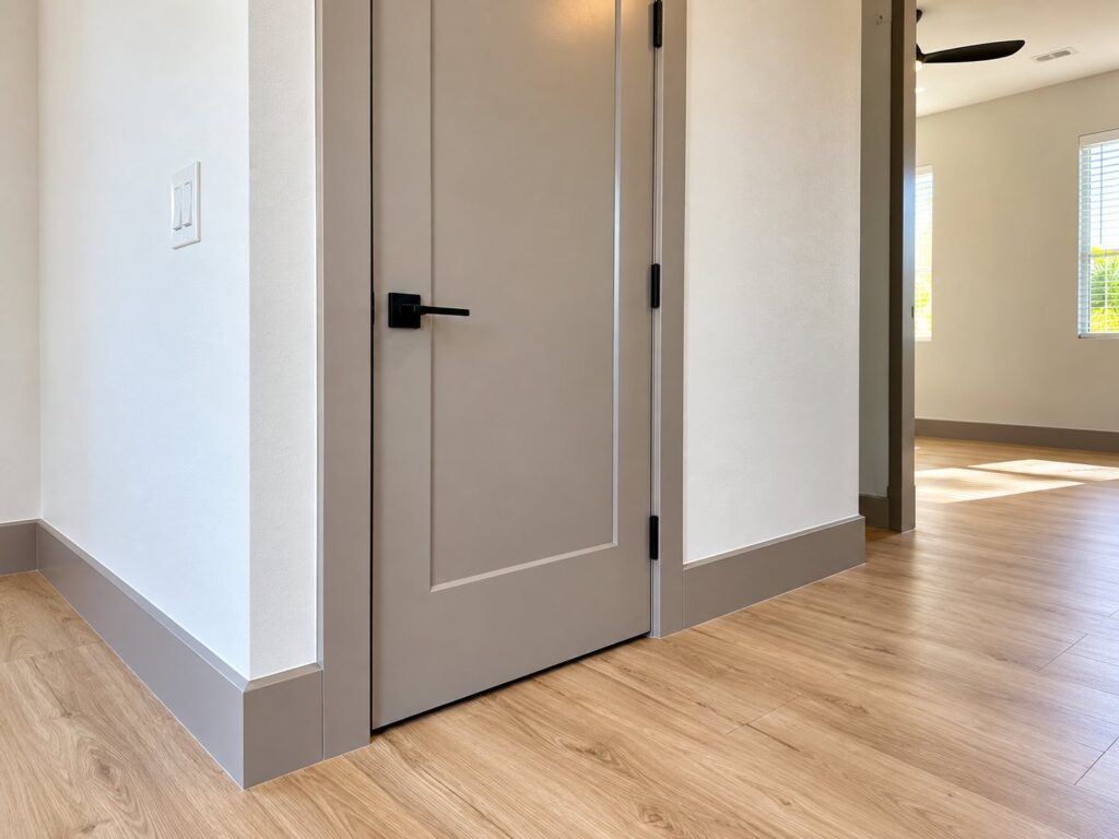 Greige interior door with a black lever and tall baseboards
