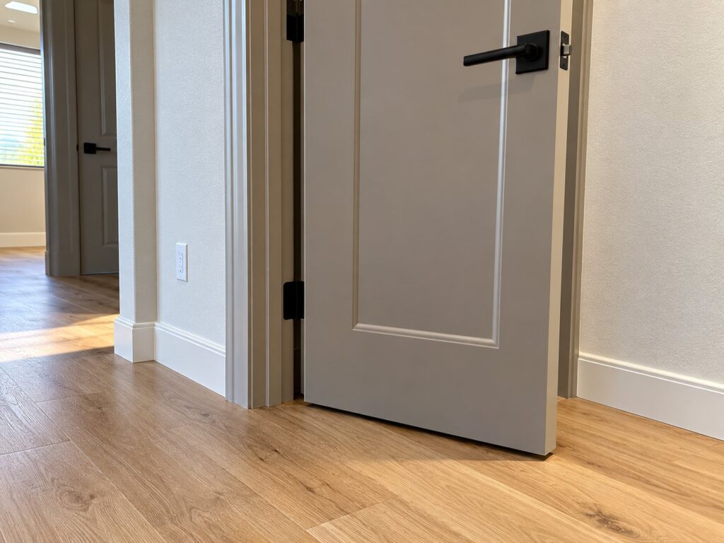Greige shaker door with black hardware and a white baseboard