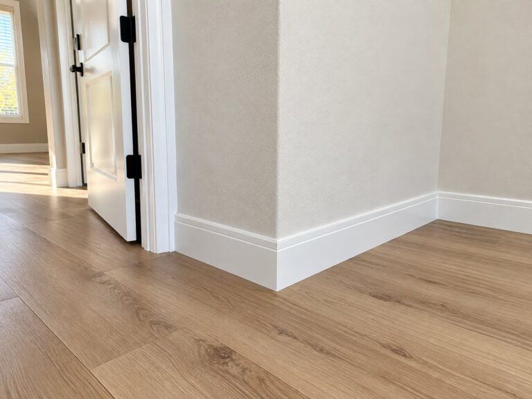 Tall white baseboards and door casing on plank flooring