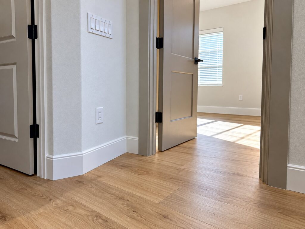Doorways with new casing, baseboards and greige doors