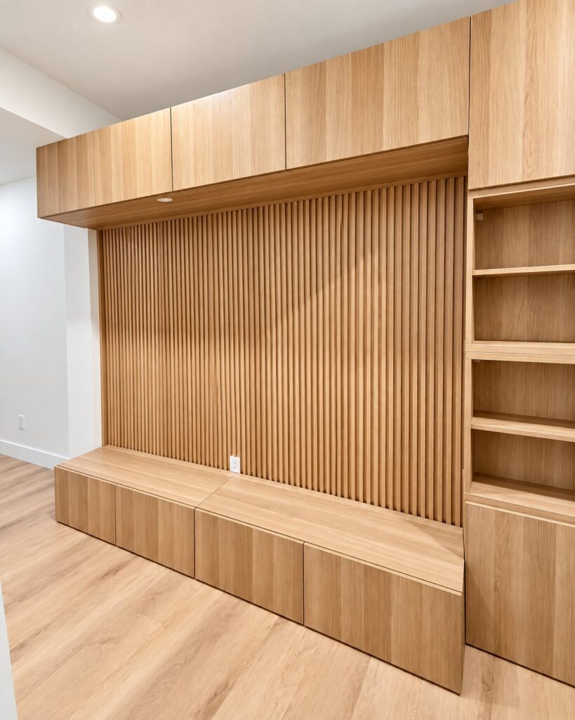 Wood slat media wall with cabinets and open shelves