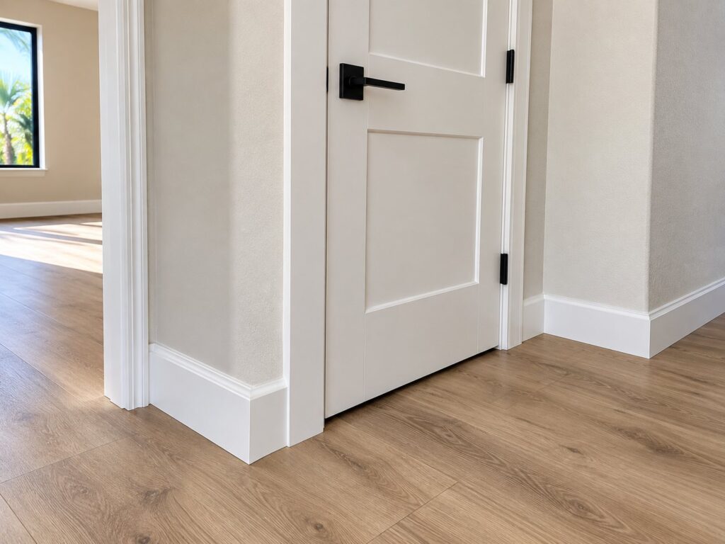 White shaker door with a black lever, casing and baseboard