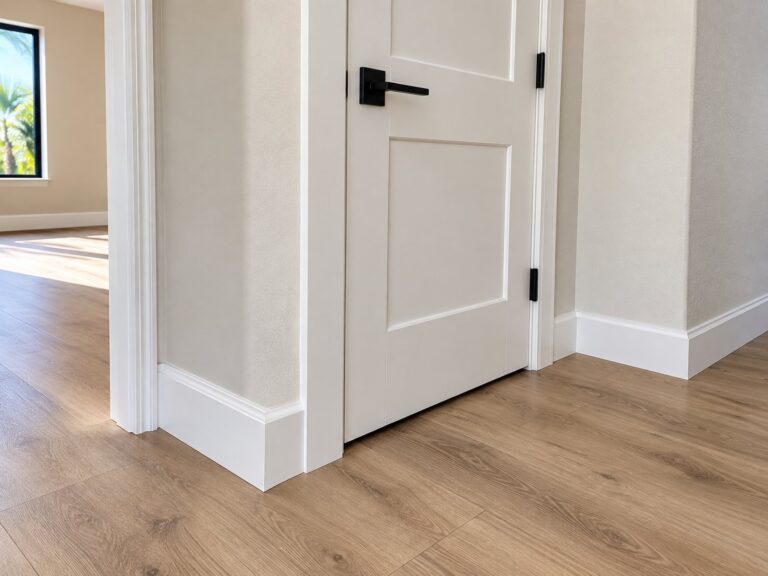 White shaker door with a black lever, casing and baseboard
