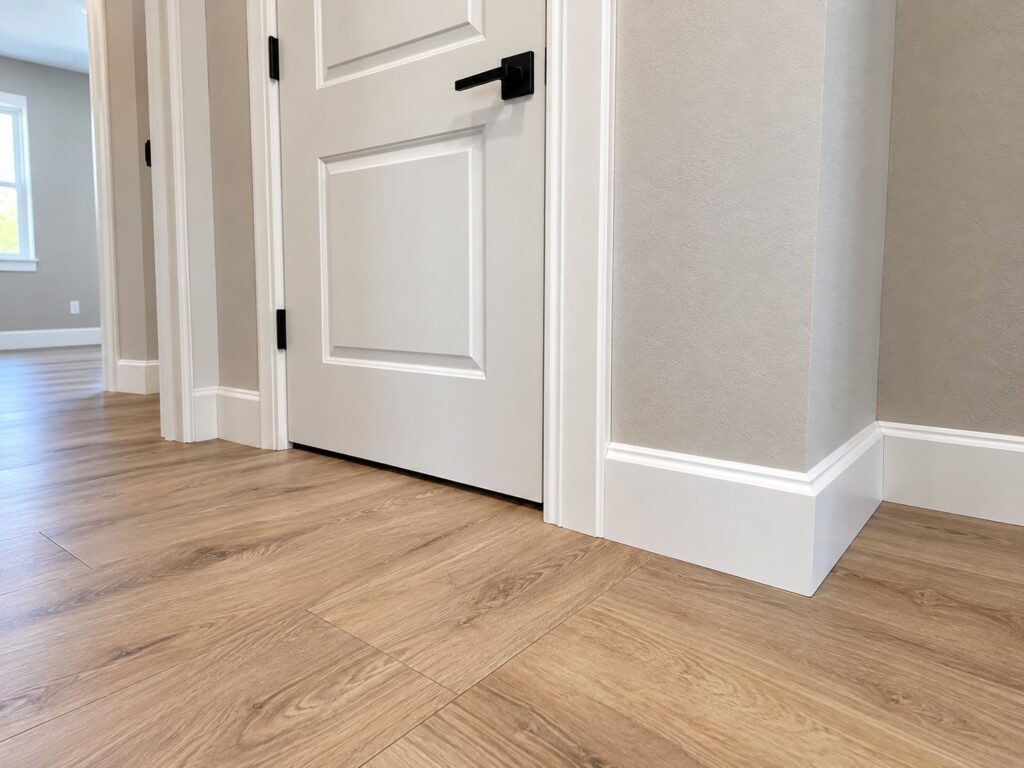White interior door with casing and baseboard on plank flooring