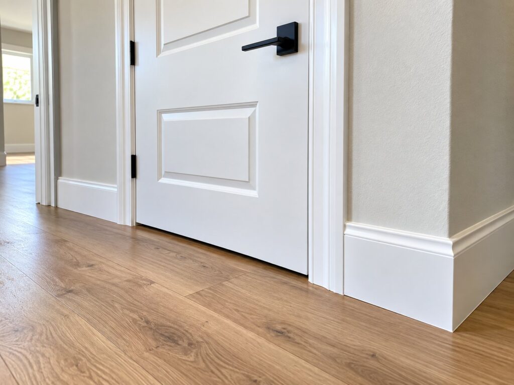 White two-panel door with a black lever and new baseboard