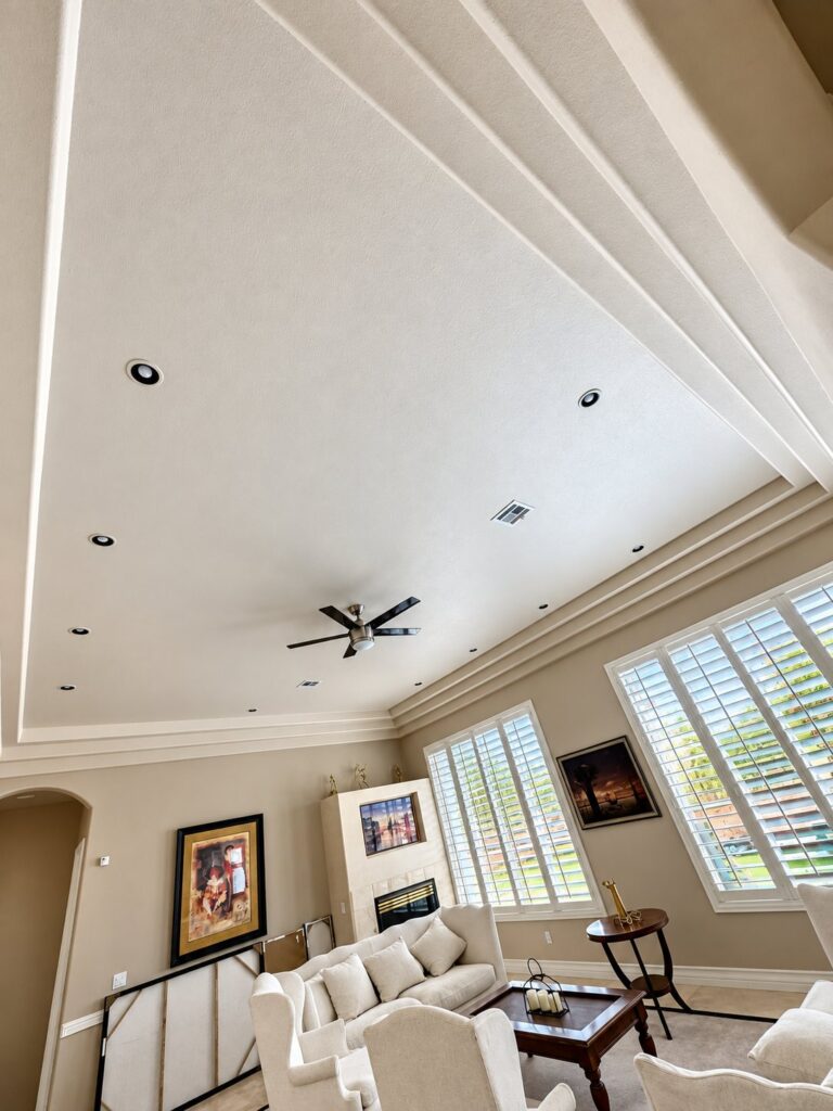 Living room with a tray ceiling and crown molding