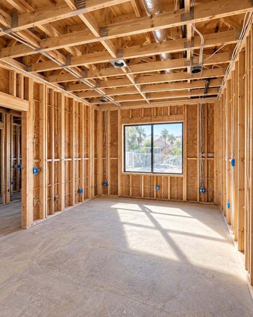Room framed and wired, ready for drywall