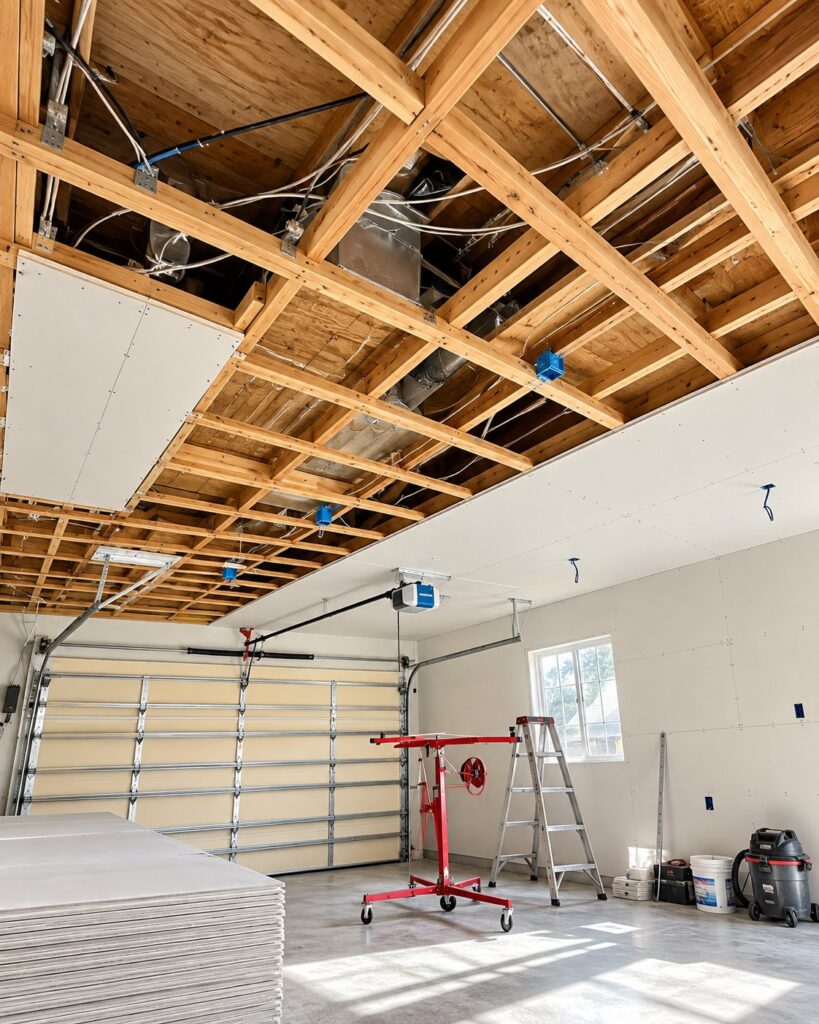 Garage ceiling half hung with drywall, with a panel lift