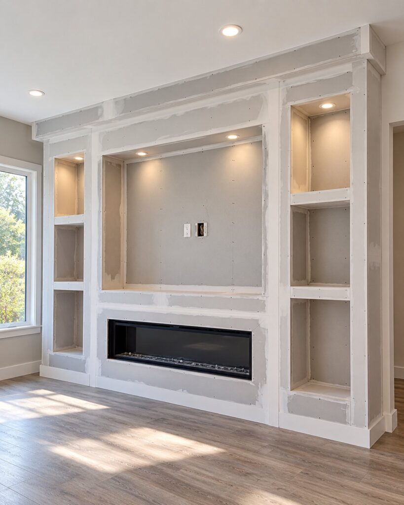 Built-in media wall with shelves and a linear fireplace in finished drywall