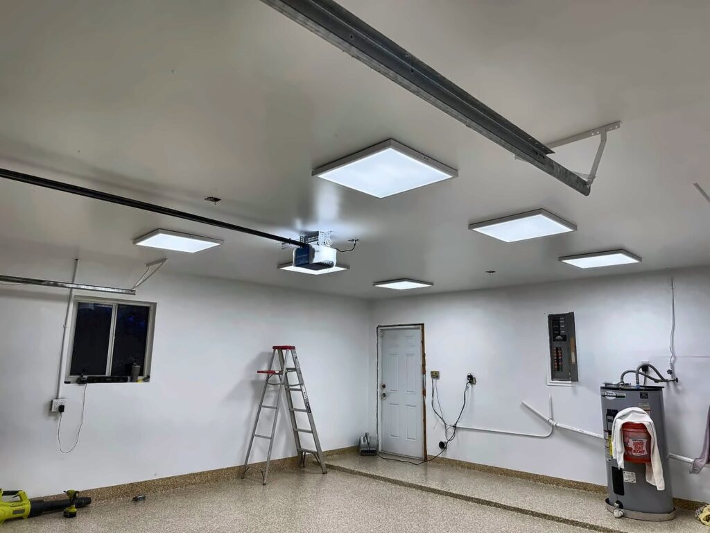Finished garage walls and ceiling with LED panel lights