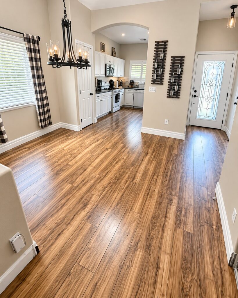 Dining area with warm wood plank flooring through to the kitchen