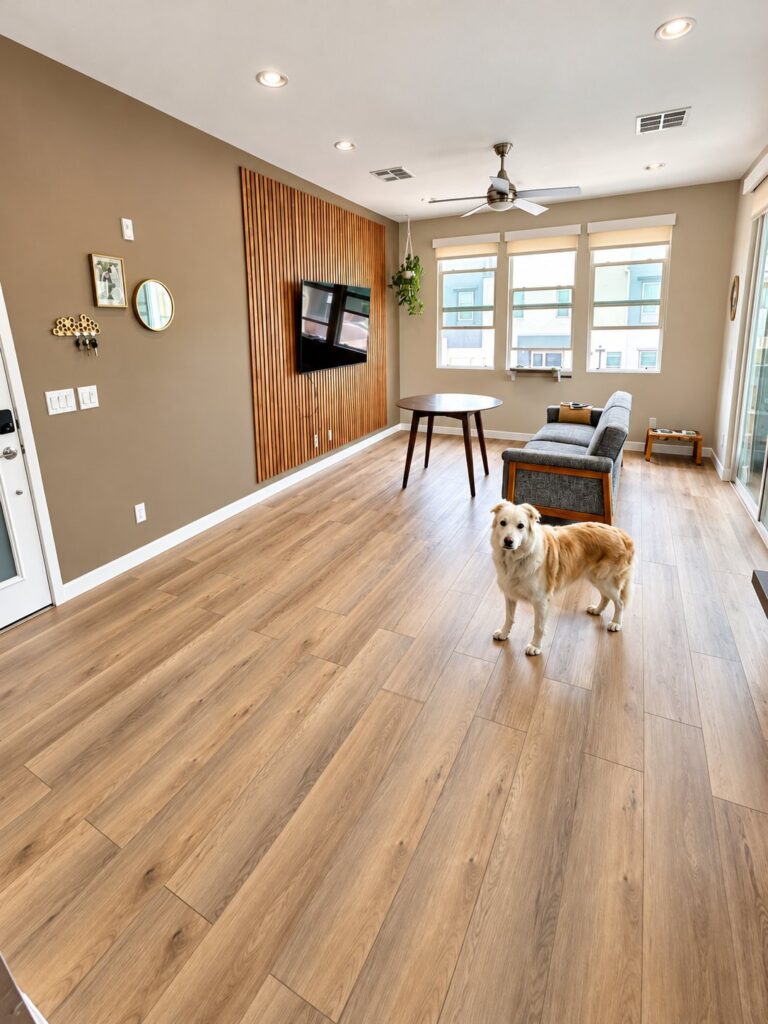 Living room with oak plank flooring and a wood slat TV wall