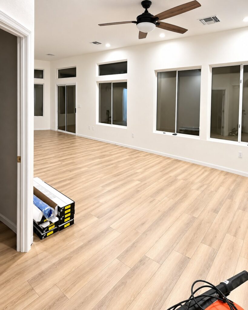 Living room with new plank flooring, spare boxes still by the door