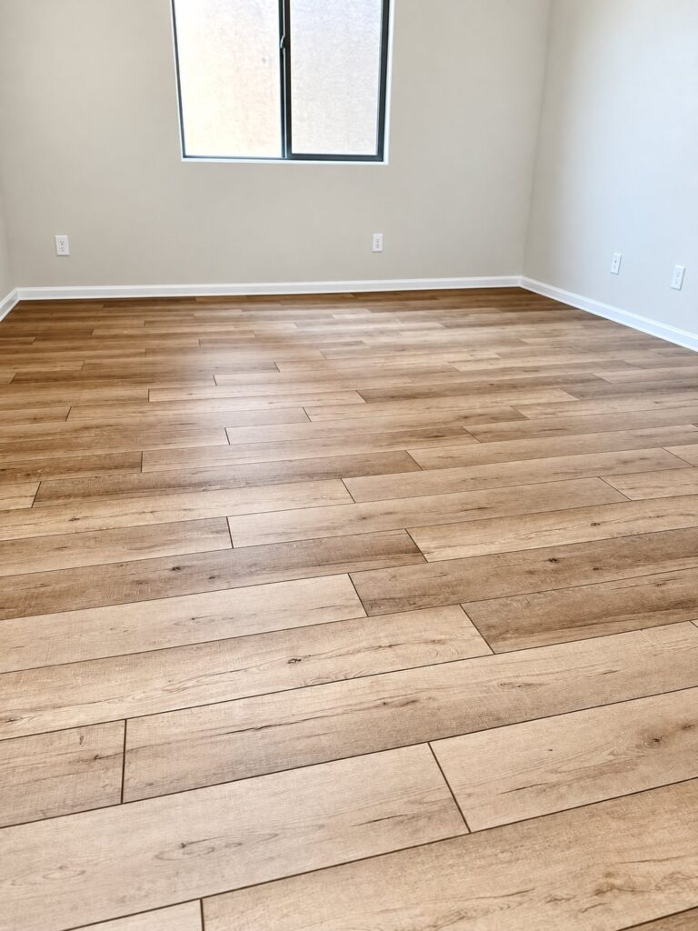 Room with wide light oak plank flooring