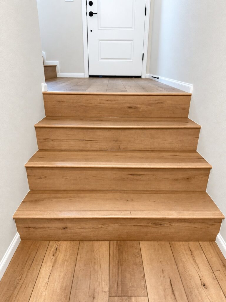Entry stairs with light oak treads and nosing