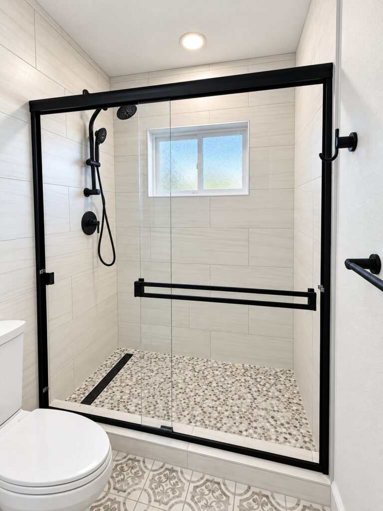 Shower with a black-framed sliding door and a pebble floor