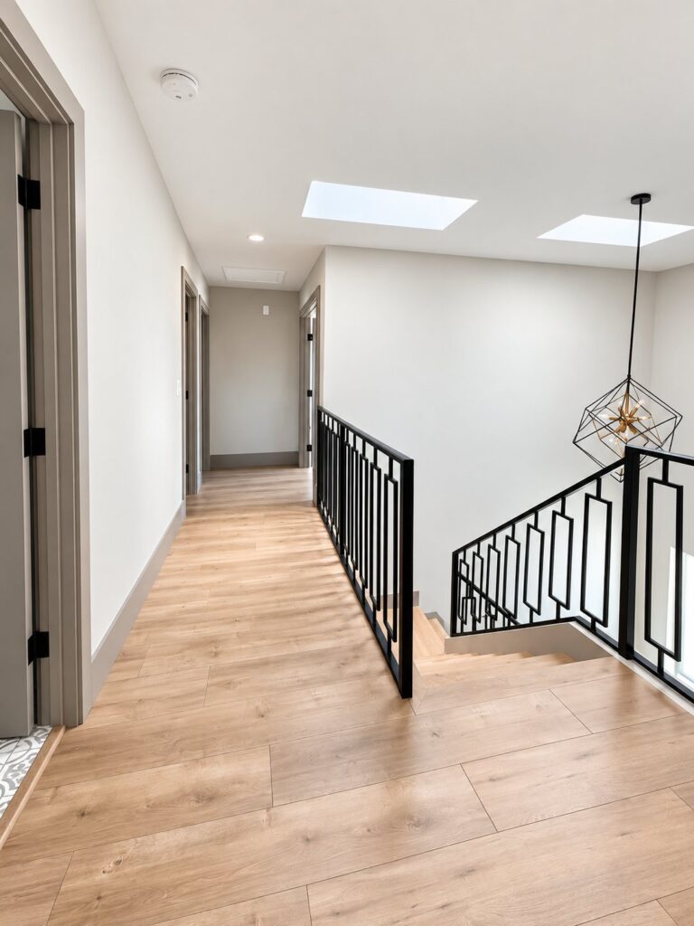 Upstairs hallway with oak flooring and a geometric railing