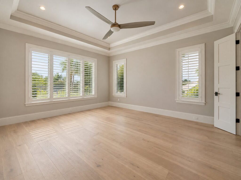 Bedroom with a tray ceiling, oak floors and plantation shutters