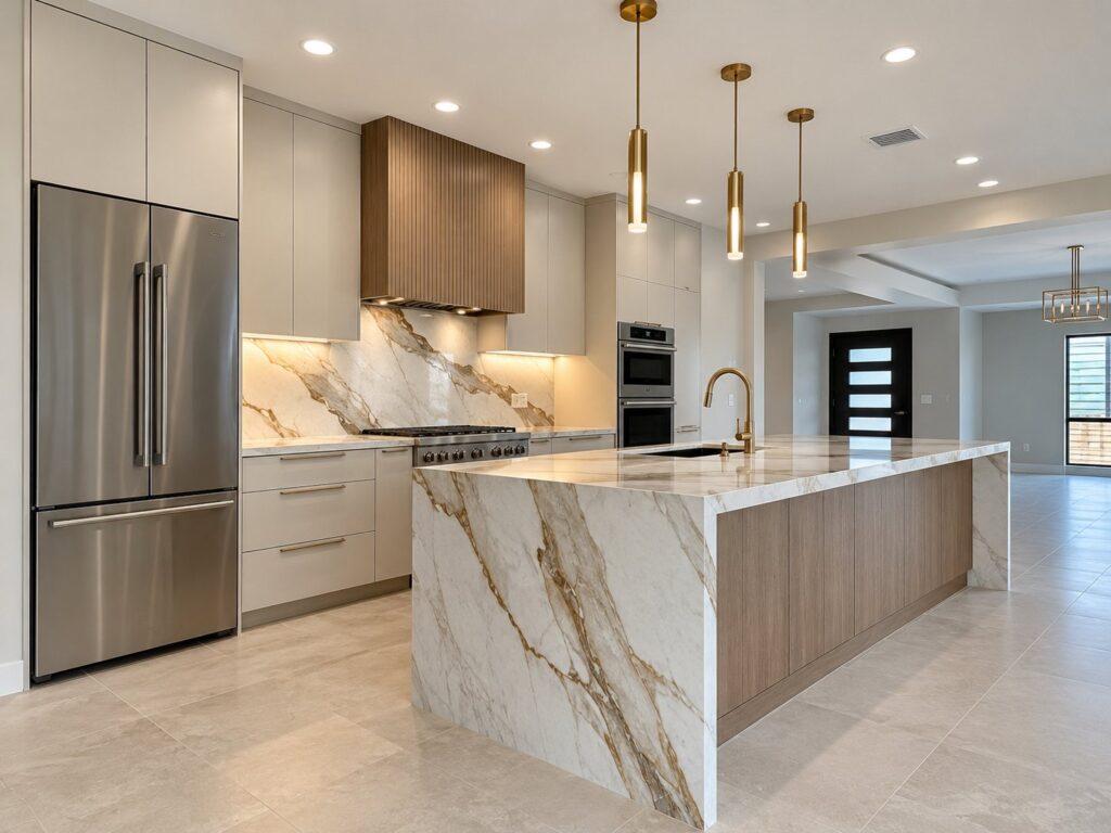 Kitchen with a marble waterfall island and a fluted wood hood