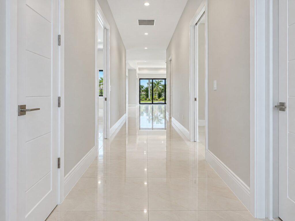 Hallway with polished marble-look tile and white doors