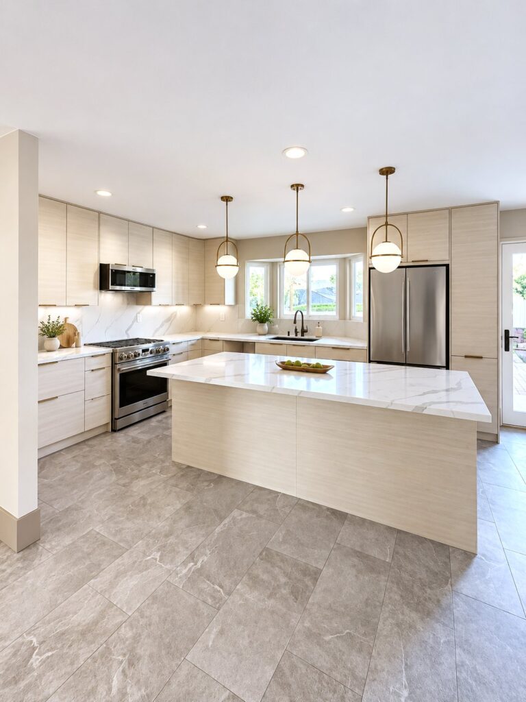 Open kitchen with light wood cabinets, a quartz island and pendant lights