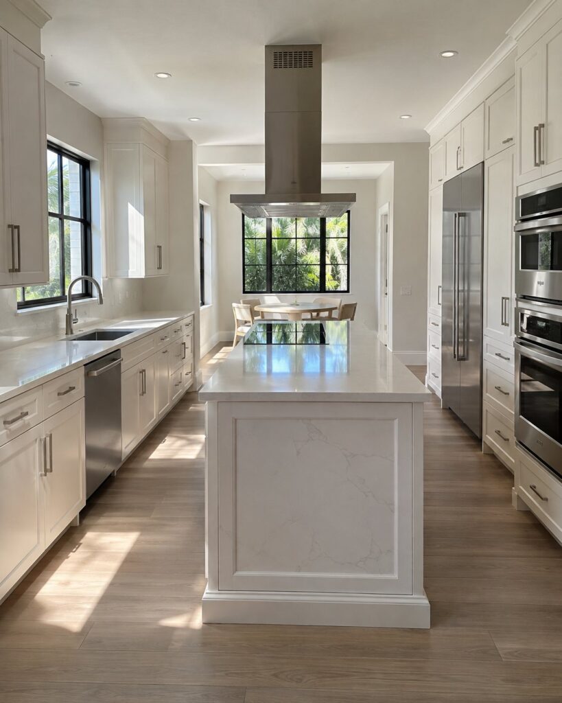 White kitchen with an island, stainless hood and wall ovens