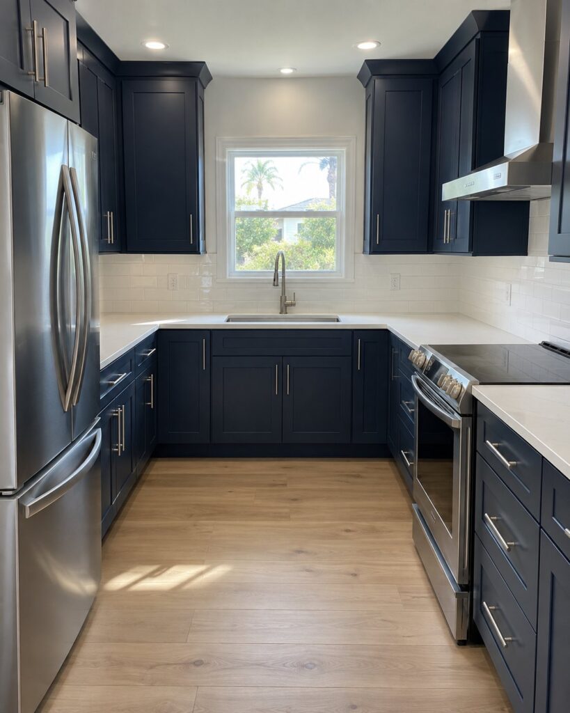 Navy blue kitchen cabinets with white quartz counters