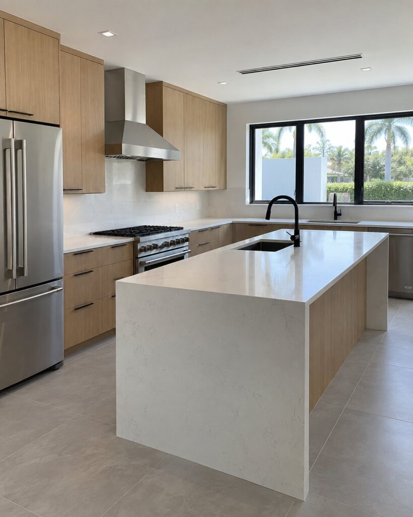 Kitchen with oak cabinets and a white quartz waterfall island