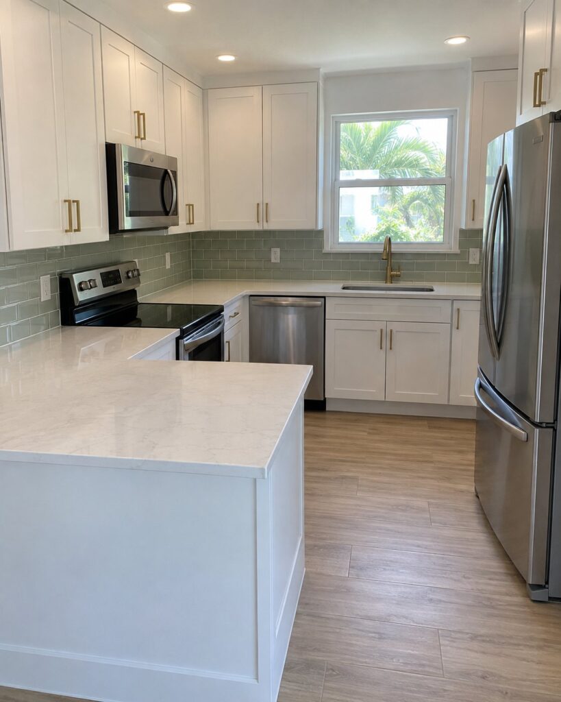 White kitchen with a green glass subway backsplash