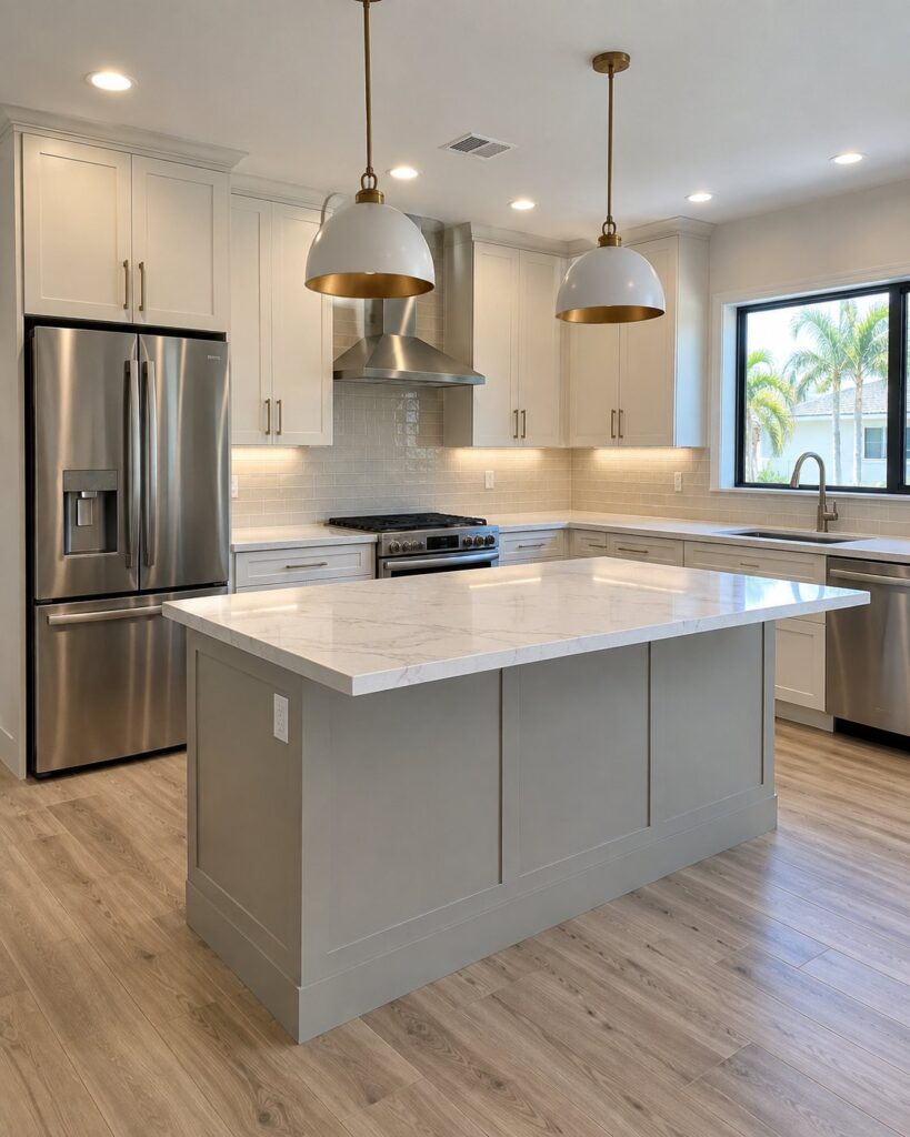 Kitchen with a gray island, white quartz and white pendants